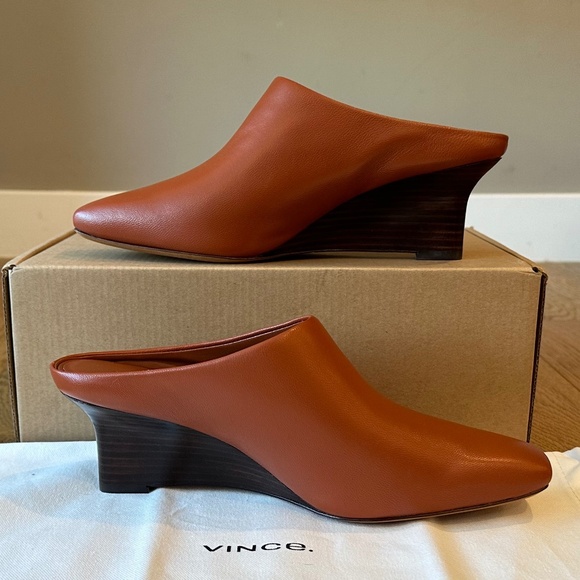Vince Leather Benita Square Toe Slip On Clog Wedge Heel Pumps (Rust Amber) - Picture 11 of 16